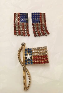 Vintage American Flag Rhinestone Earrings and Brooch Patriotic July 4th - Picture 1 of 7