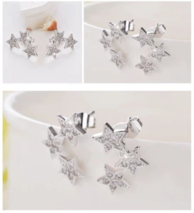 Sparkling 925 Sterling Silver 3 Link CZ Star Stud Earrings Women Girl Gift - Picture 1 of 3