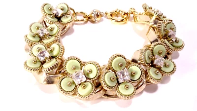 J.Crew Women's Round Enamel Round Stone Crystal Brass Link Bracelet NWOT 135 GRN - Image 1 of 4