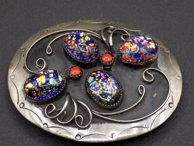 Vintage Foiled Art Glass & Coral Belt Buckle Silver Plate w/ Scrolls Faux Opals - Image 1 of 4