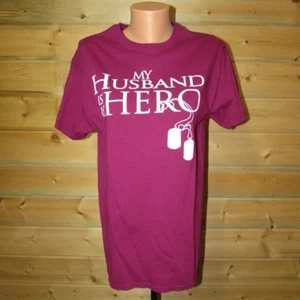 My Husband Is My Hero Dog Tags Military Pink T-Shirt Women's Size M EUC - Picture 1 of 4