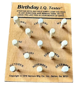 Vintage 1976 Peg Solitaire Game "Birthday IQ Tester" Venture Mfg, Dalton GA - Picture 1 of 2