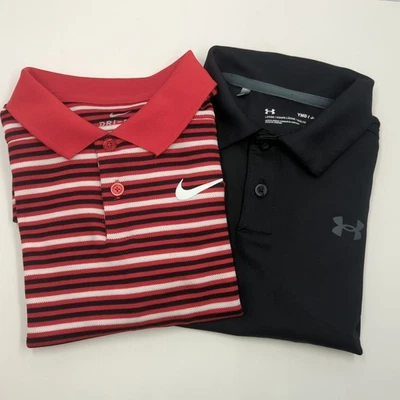 Lote de 2 polos de golf para niños - Nike rojo a rayas Under Armour negro liso mediano Foto 1 de 4