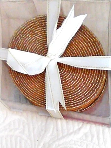 Set Of 4 Gold Glass Bead Coasters W 100% Cotton Backings 4.5" Diameter - Picture 1 of 3
