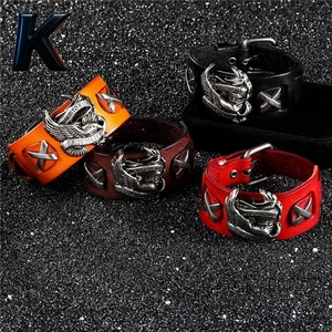 Genuine Leather Ride to Live Biker Eagle Bracelets Men Gothic Rock Wide Cuff Wri - Picture 1 of 10
