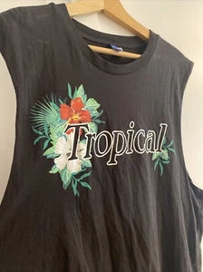 H&M Black L Sleeveless Mens Top Tropical Print T-shirt Holiday Summer - Picture 1 of 6