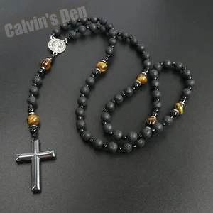 St Benedict Lava Stone Tiger Eye Black Onyx Hematite Cross Rosary Necklace Men - Picture 1 of 9