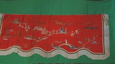 ANTIQUE 18c CHINESE SILK EMBROIDERY DEPICTS LANDSCAPE SCENE W / VILLAGE,BRIDGE - Image 1 of 4