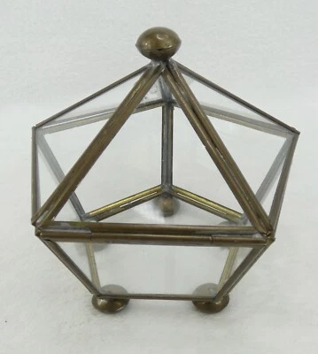 Vintage Glass & Brass Pentagon Trinket Box With Lid Jewelry Display Case 5 Side - Image 1 of 4