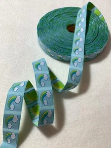 Vintage Jacquard Ribbon - Blue with Rainbow 7/8" wide - Picture 1 of 4