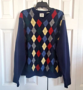 Gap Argyle Sweater Mens Lg 100% Shetland Wool Navy Preppy Grandpa Y2K Academia - Picture 1 of 6