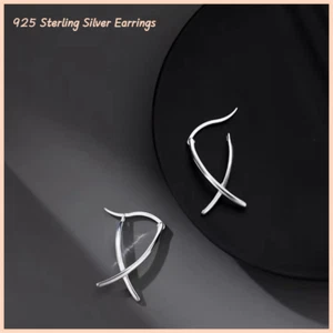 925 Sterling Solid Silver Cross Hoop Huggies Earrings Women Girls Jewellery - Picture 1 of 10