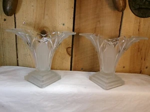 Set of 2 Antique Walther & Sohne Greta Art Deco Frosted Clear Glass Vases - Picture 1 of 6
