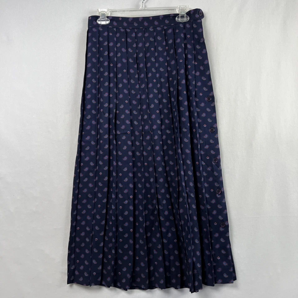 Falda Midi Susan Bristol Vintage Años 80 90 Para Mujer 12 Azul Marino Paisley Plisada Clásica Foto 1 de 4