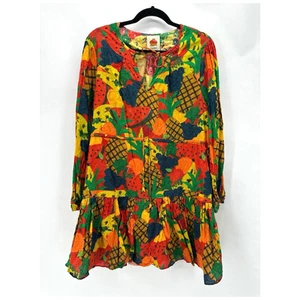 Farm Rio Anthropologie Fruit Salad Dress Tiered Mini Size L Pullover Cotton Boho - Picture 1 of 12