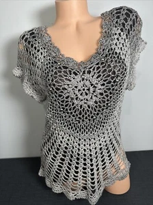 Alberto Makali Womens Top Large Gray Fairy Crochet Y2K V-Neck Whimsigoth Vintage - Picture 1 of 12