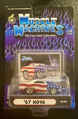 2001 MUSCLE MACHINES '67 NOVA DIE CAST CAR RED WHITE BLUE - Image 1 of 2