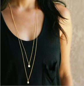 Women Bohemian BOHO Gold color Simple Slim Chips 2 layers Long Chain Necklace - Picture 1 of 7