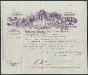 Rhodesia: Propiedades amalgamadas de Rhodesia (1913) Ltd., 4 chelines compartidos - Imagen 1 de 1