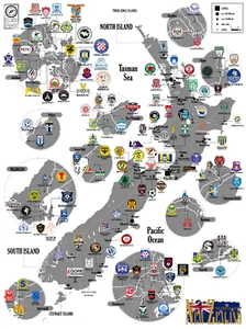 NEW ZEALAND Football Clubs Map. Poster. Cartography. (30 x 40 cm). - Foto 1 di 1