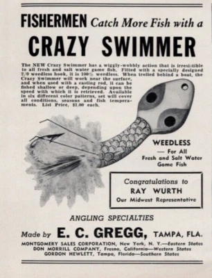 Señuelo de pesca Crazy Swimmer 1946 E.C. Anuncio impreso Gregg Tampa Fl. Foto 1 de 2