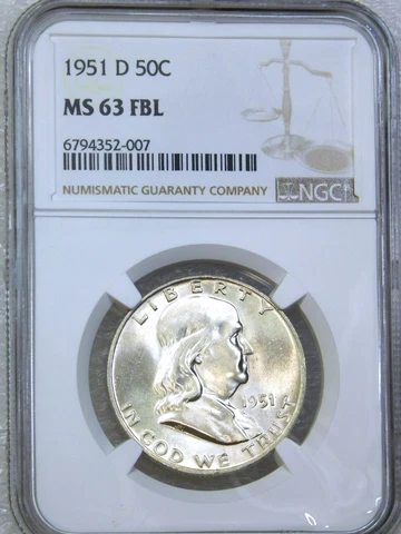 1951-D Franklin Half Dollar NGC MS63FBL Original White Full Bell Lines PQ #E177A Cover