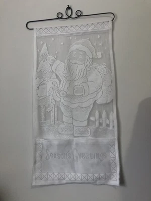 Vintage Christmas Tapestry Lace Wall Hanging Pocket Santa Metal Hook Cottagecore - Image 1 of 4