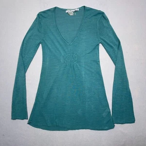 Athleta Top Women XS Green Semi Fitted V Neck Linen Blend Costal  Casual Cover - Picture 1 of 14