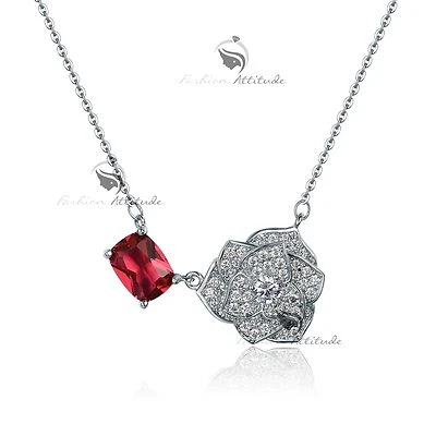 18k white gold gf made with SWAROVSKI crystal pendant rose red flower necklace - Изображение 1 из 4