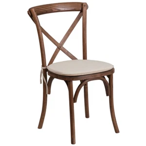 Bistro Style Cross Back Pecan Wood Stackable Restaurant Chair w/Seat Cushion - Picture 1 of 4
