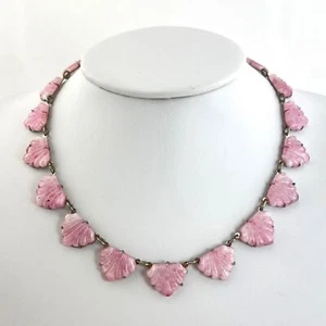 Antique Molded Scalloped Czech Pink Peking Glass Choker Necklace Silver Tone - Picture 1 of 10