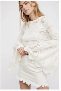 Free People Once Upon A Time Bell Sleeve Lace Knit Crochet Boho Top Women Small - Picture 1 of 16