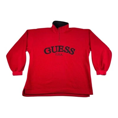 Guess Sweater Mens Large Red 1/4 Zip Pullover Fleece Spell Out VTG Y2K - Image 1 of 4