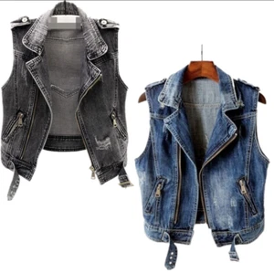 Women Biker Punk Vest Denim Coat Waistcoat Casual Jacket Top Jeans Sleeveless - Picture 1 of 13