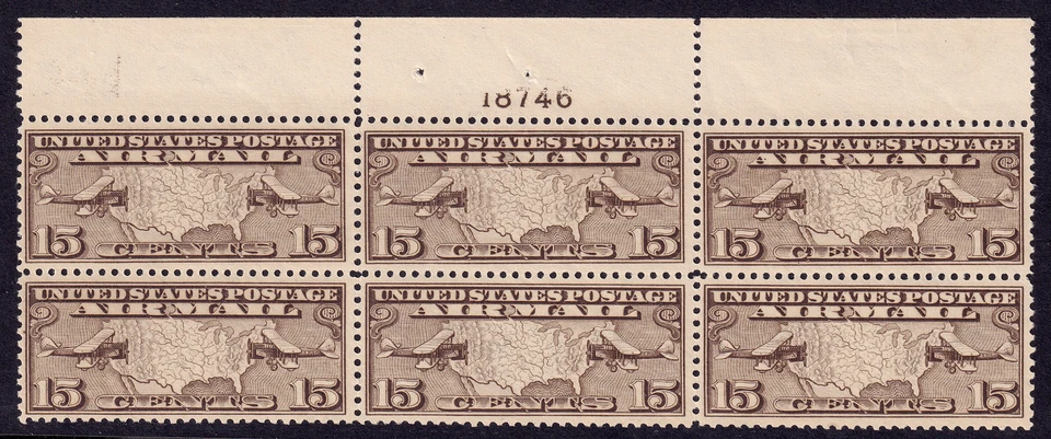 US Scott C8 (P# block of 6) 1926 Map of US and Two Planes, 15c, NH MINT - Image 1 of 1