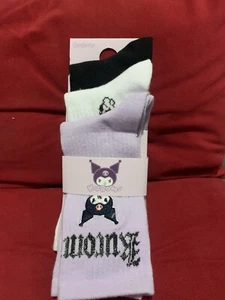 Hello Kitty Kuromi Crew Socks 3 pack Size 4-8 Purple Black White Brand New - Picture 1 of 5