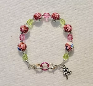 Pink Flower Porcelain Painted Beads Medical Alert ID Replacement Bracelet - Picture 1 of 2