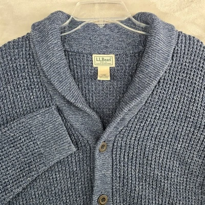 LL Bean Men Shawl Collar Cardigan Sweater Blue Organic Cotton Size Large Regular - Image 1 of 4