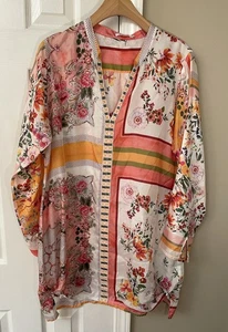 $240 Johnny Was Multi Rosemarie 100% silk long sleeve tunic top blouse Large - Picture 1 of 5