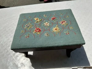 Antique Vintage Small Footstool with Blue Top Needlework Needlepoint Flowers - Picture 1 of 10
