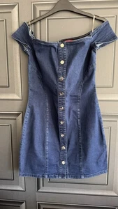 Guess Stretchy Denim Mini Dress Size M Uk 8 Zip Up - Picture 1 of 4