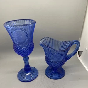 Set of 2 Avon Fostoria: George Washington Martha Goblet and Pitcher Cobalt Blue - Picture 1 of 9