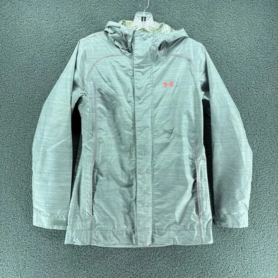 Chaqueta de lluvia Under Armour con capucha para mujer pequeña costuras grabadas gris plateado ajustable Foto 1 de 4