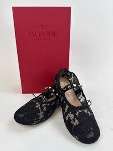 VALENTINO GARAVANI Lace Ballet Flat Shoe with RockStud & Bow BLACK Size 35 - Picture 1 of 8