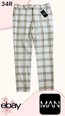 NUEVO Hombre Boohoo 34R Traje Ajustado a Cuadros Pantalones a Cuadros Tostado Amarillo Marrón Foto 1 de 4