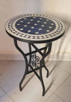 Moroccan white and blue round bistro coffee table with handmade mosaic art. - Image 1 of 4