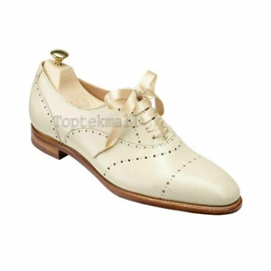 Handmade Women's Leather White Oxford Brogue Lace-Up Ribbon Shoes-907 - Picture 1 of 4