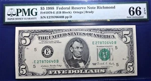 1988 $5 Federal Reserve Note Fr-1979-E Richmond PMG66 Gem EPQ - Picture 1 of 4