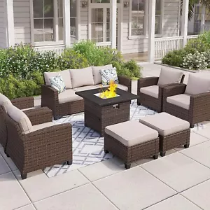 Patio Furniture Set Outdoor Wicker Rattan Sofas Conversation w/ Fire Pit Table. - Picture 1 of 12