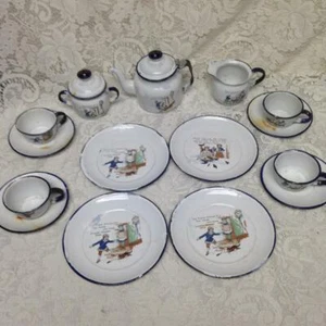 Antique, Rare Set, 17pc Nursery Rhyme, Enamelware Tea Set - Picture 1 of 12